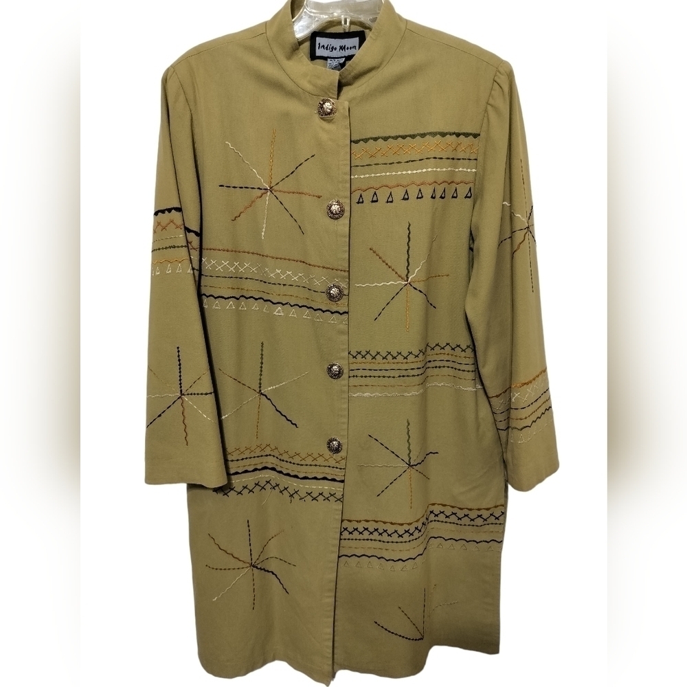 1529)Vintage 80's Indigo Moon Pistachio Green Cotton Abstract Overcoat Sz Medium
